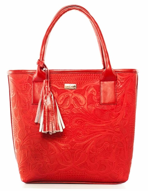 Bolsa tote piel roja con diseño gráfico