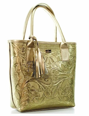 Bolsa tote Angelozano piel dorada con diseño gráfico
