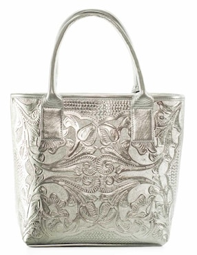Bolsa tote Angelozano piel plateada con diseño gráfico