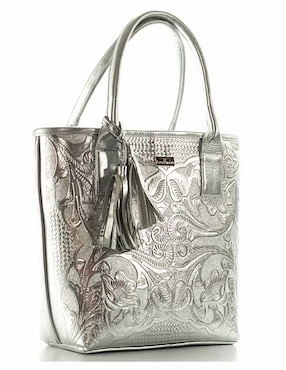Bolsa tote Angelozano piel plateada con diseño gráfico