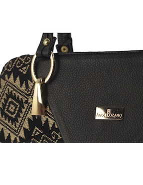 Bolsa tote Angelozano Salma piel negra con charol y adorno de reboso