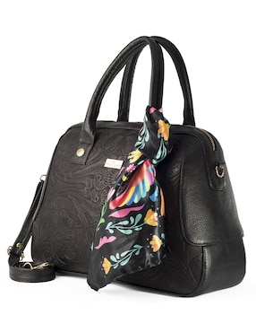 Bolsa tote AngeLozano piel Sugey negro con grabado tipo cincelado y mascada