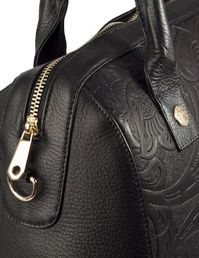 Bolsa tote AngeLozano piel Sugey negro con grabado tipo cincelado y mascada