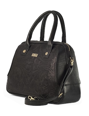 Bolsa tote AngeLozano piel Sugey negro con grabado tipo cincelado y mascada