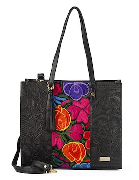 Bolsa Tote AngeLozano Piel Negro Leonora Broche Con Grabado Y Telar Artesanal