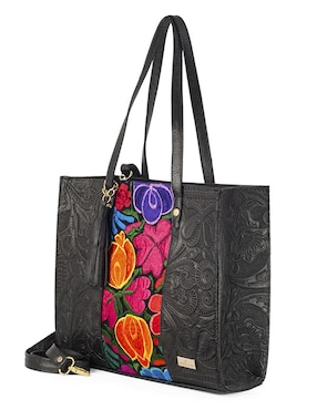 Bolsa tote AngeLozano piel negro Leonora broche con grabado y telar artesanal