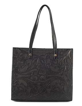 Bolsa tote AngeLozano piel negro Leonora broche con grabado y telar artesanal