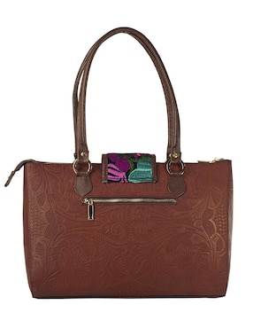 Bolsa tote AngeLozano piel café Flora con grabado y tapa de broche con telar