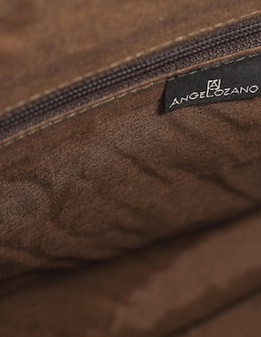 Bolsa tote AngeLozano piel café Flora con grabado y tapa de broche con telar