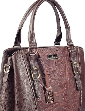 Bolsa satchel Angelozano Lourdes Piel Grabada Café de piel para mujer