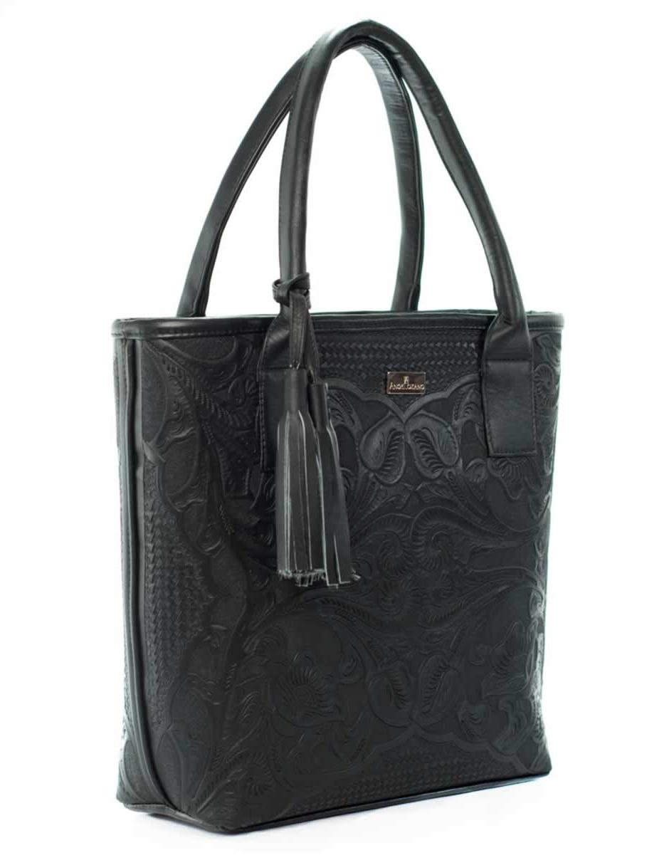 Bolsa tote piel negra con diseño gráfico 3