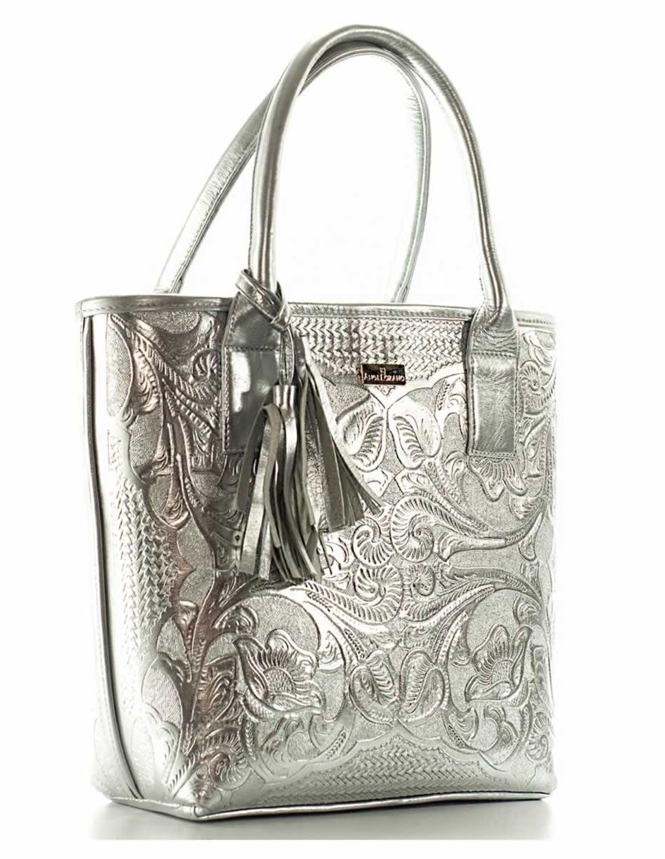 Bolsa tote piel plateada con diseño gráfico 3