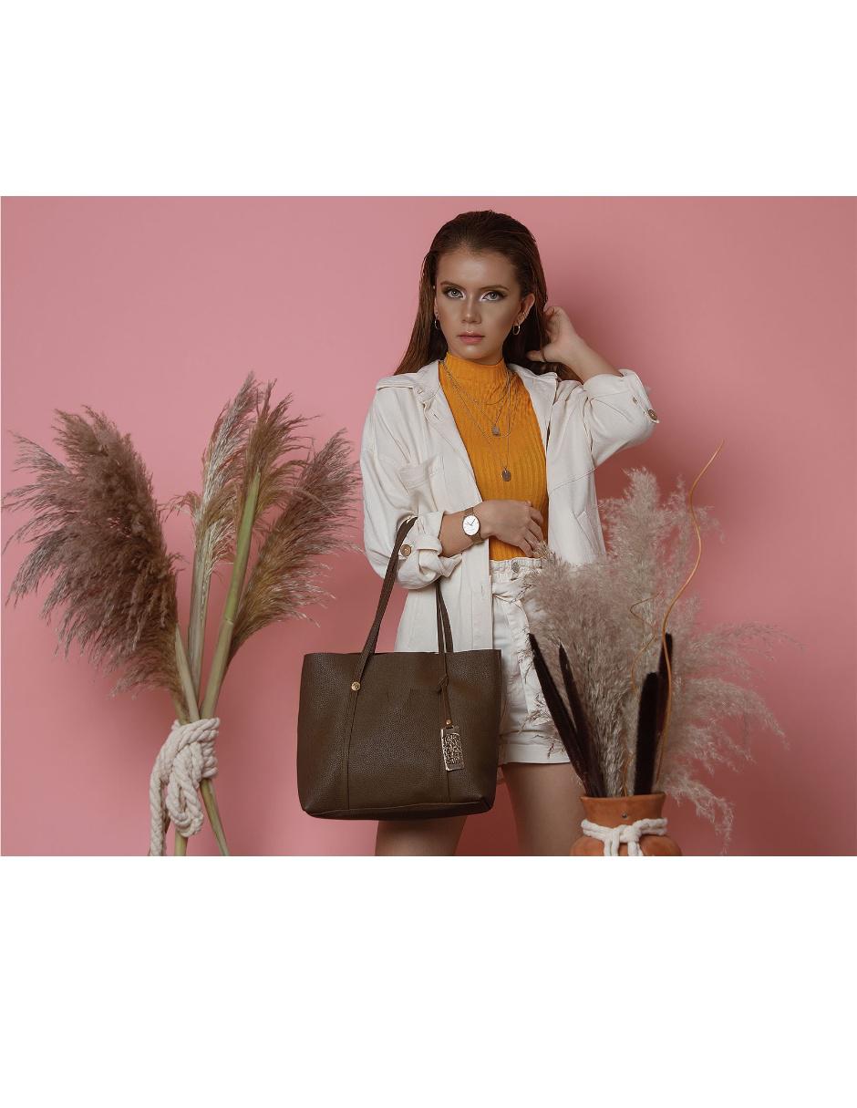 Bolsa tote Leona piel y cosmetiquera crossbody café