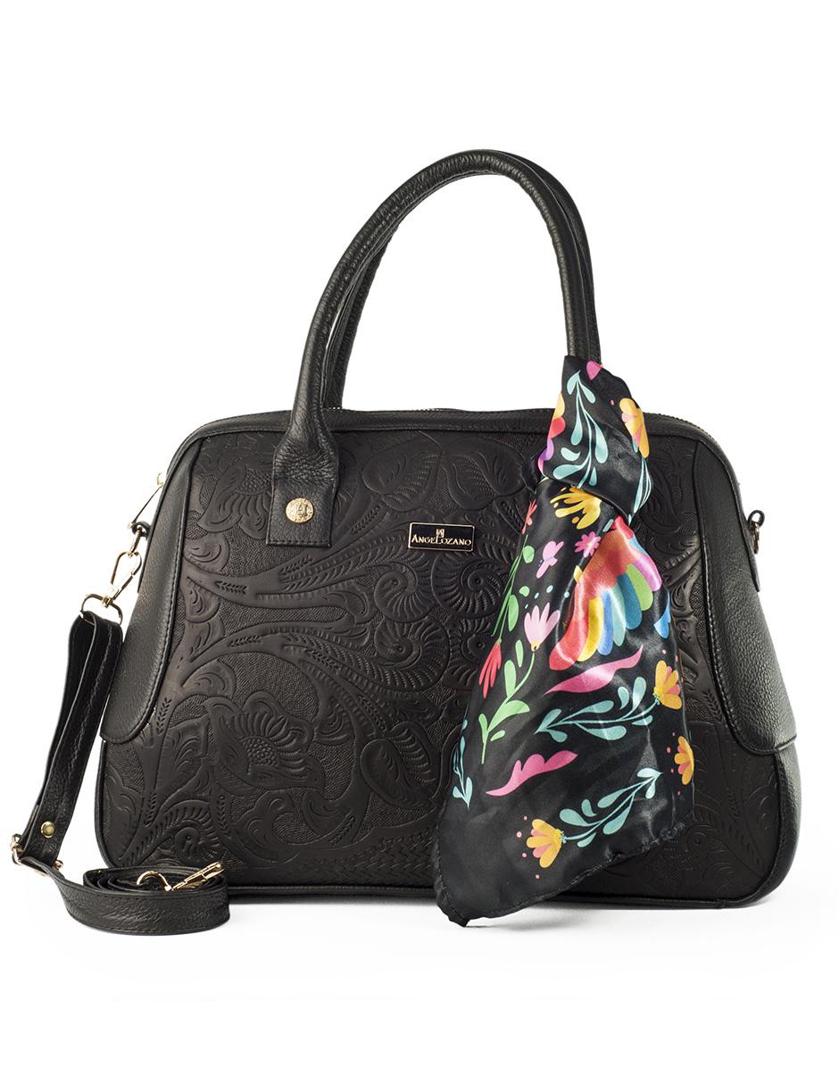 Bolsa tote piel Sugey negro con grabado tipo cincelado y mascada
