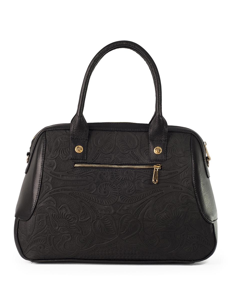 Bolsa tote piel Sugey negro con grabado tipo cincelado y mascada 2