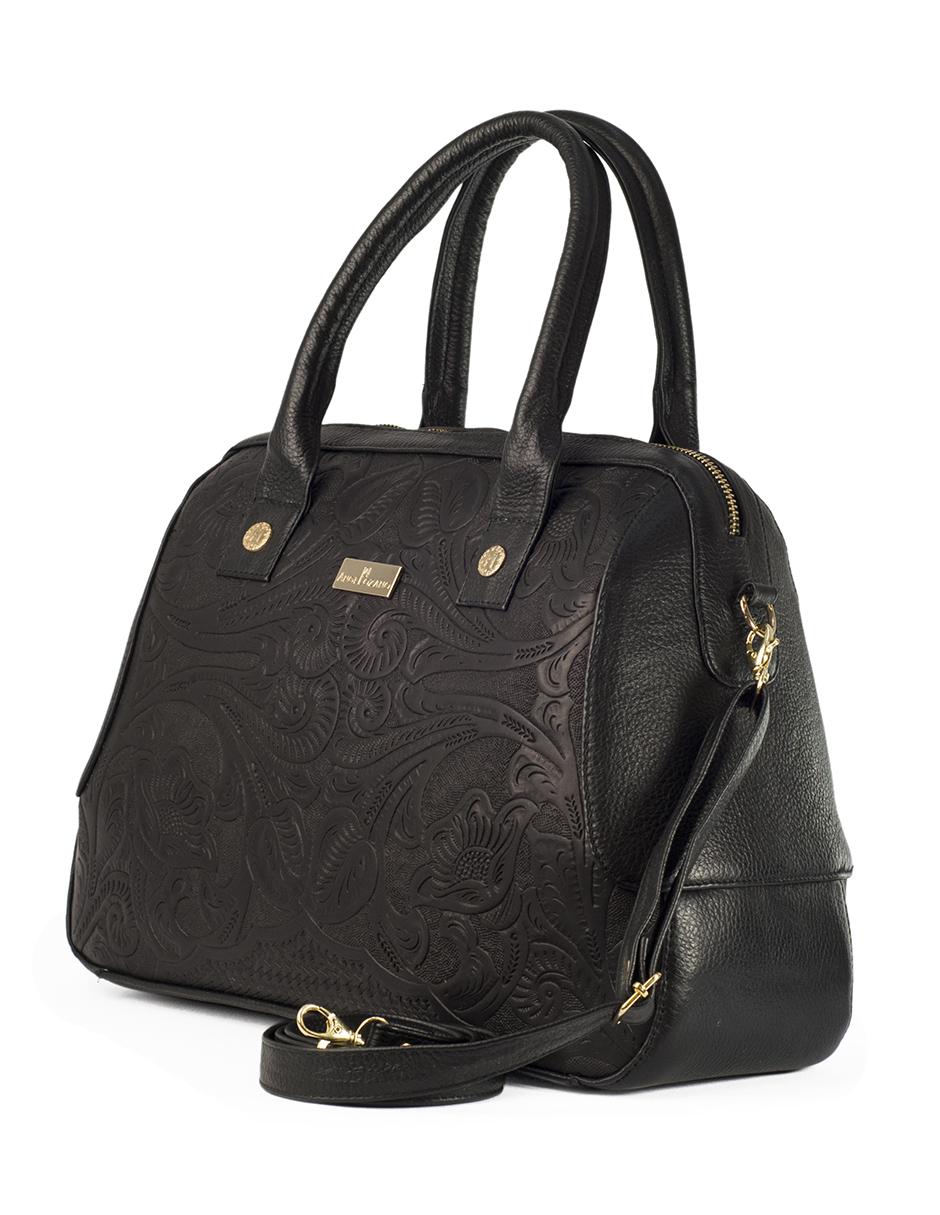 Bolsa tote piel Sugey negro con grabado tipo cincelado y mascada 6