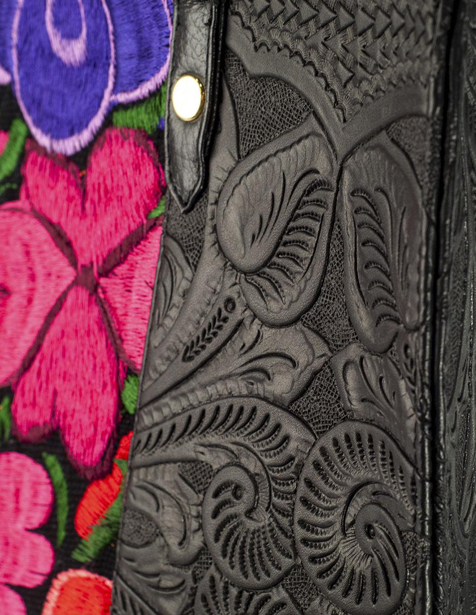 Bolsa tote piel negro Leonora broche con grabado y telar artesanal 3