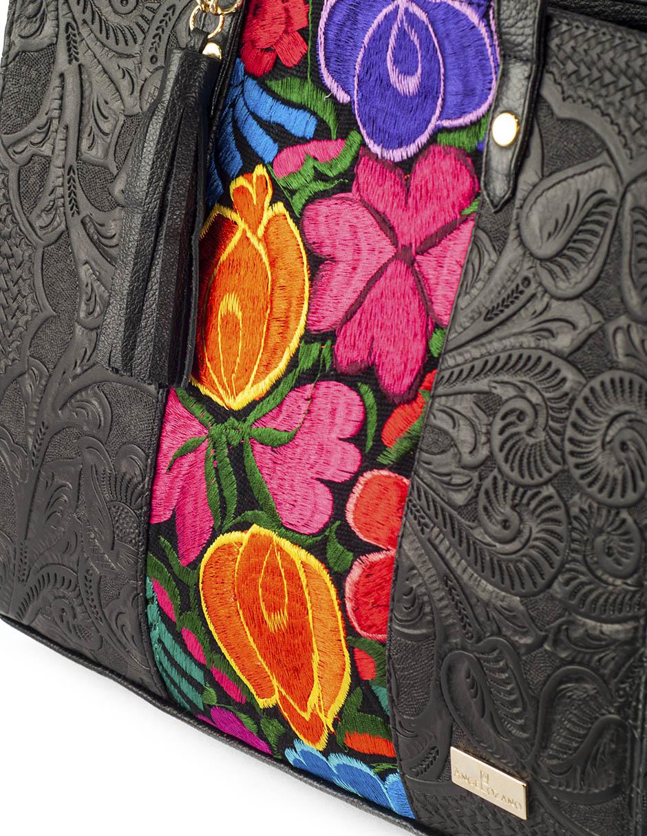Bolsa tote piel negro Leonora broche con grabado y telar artesanal 4