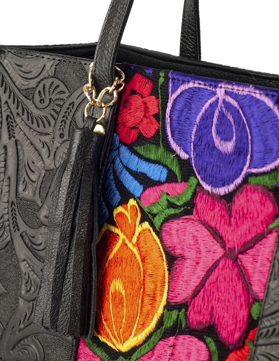 Bolsa tote piel negro Leonora broche con grabado y telar artesanal 7