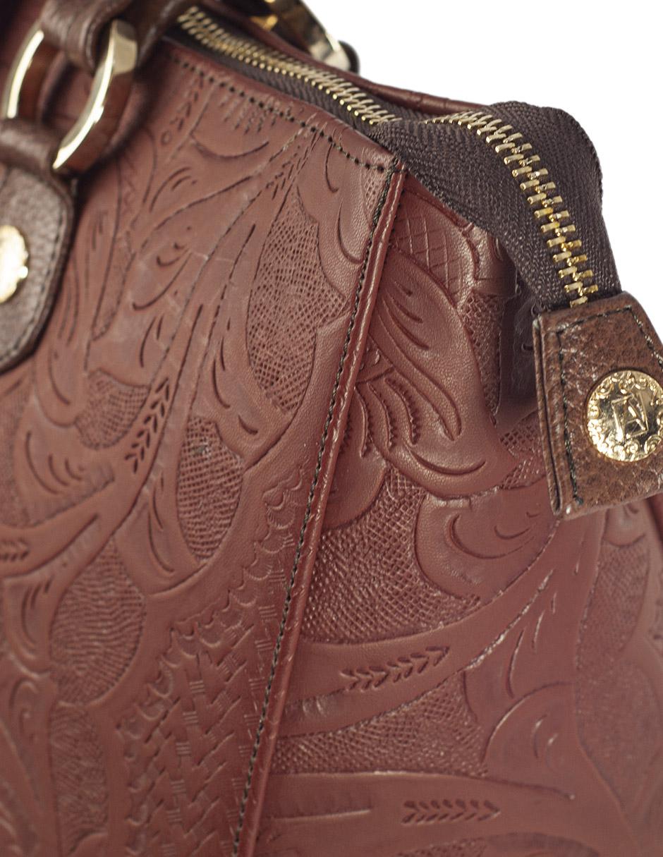 Bolsa tote piel café Flora con grabado y tapa de broche con telar 4