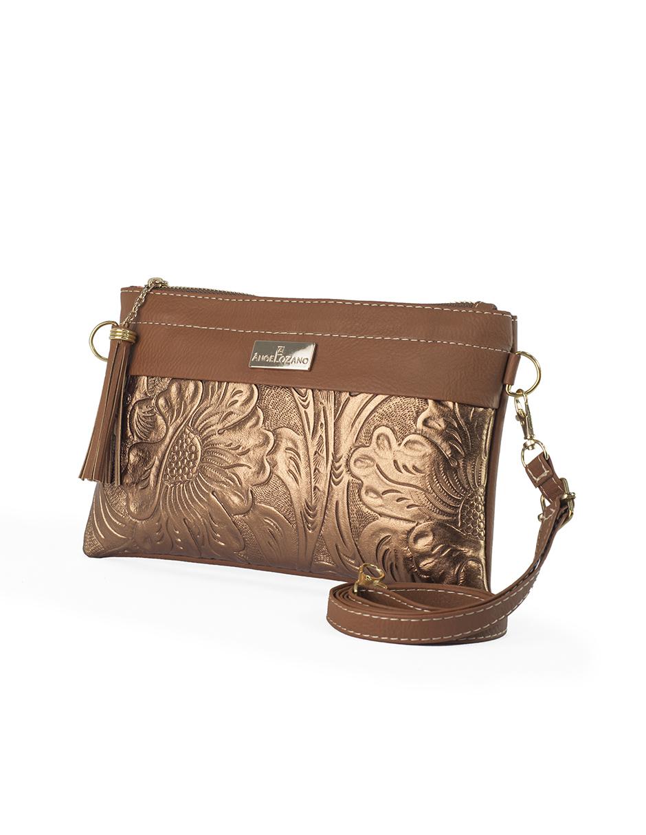 Bolsa crossbody Itzel piel dorado con diseño gráfico