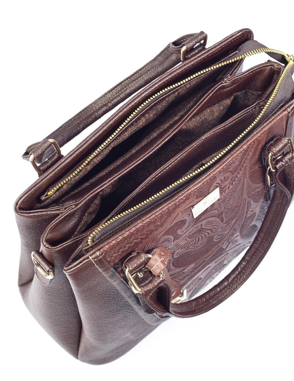 Bolsa satchel Lourdes Piel Grabada Café de piel para mujer 4